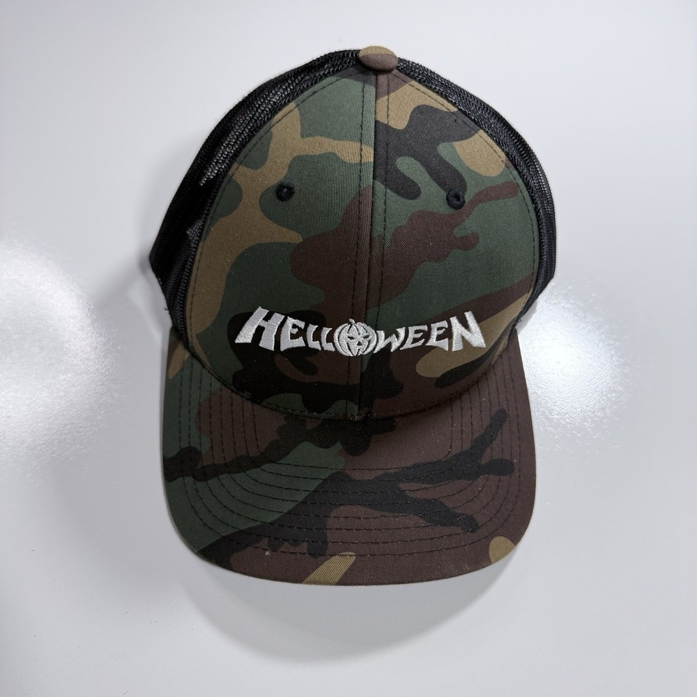 Camo Helloween Band Embroidered Black Mesh Back Adjustable Trucker Hat Pumpkin